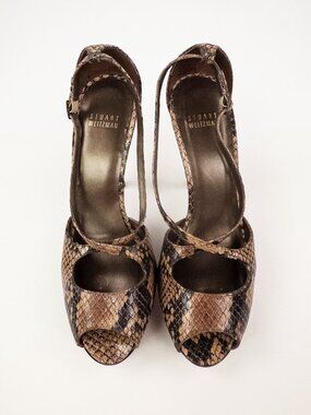 Stuart Weitzman Snake Print Platform Heels Strappy Sandals Brown Pink Sz 8.5